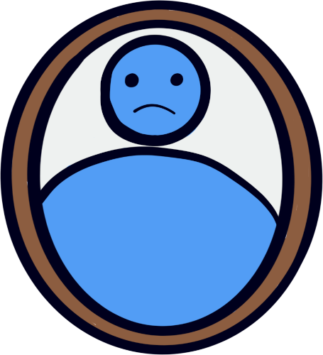 a large blue person with a sad face in a mirror.